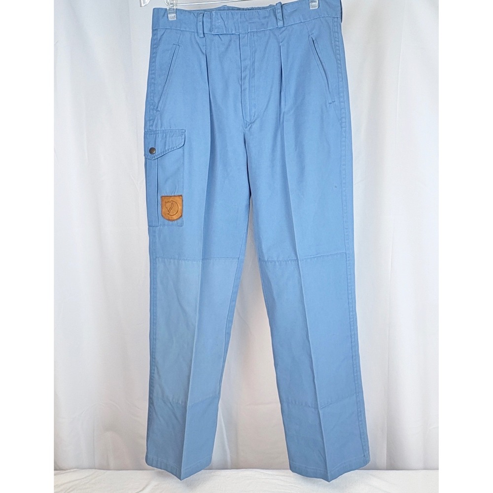 Vtg Fjallraven G-1000 Pants Blue Cargo Unisex Sz 42 32x30 Leather Patch Sweden